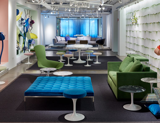 neocon 2018 hospitality at work knolltextiles display florence knoll bench saarinen tulip stools bertoia bird chair