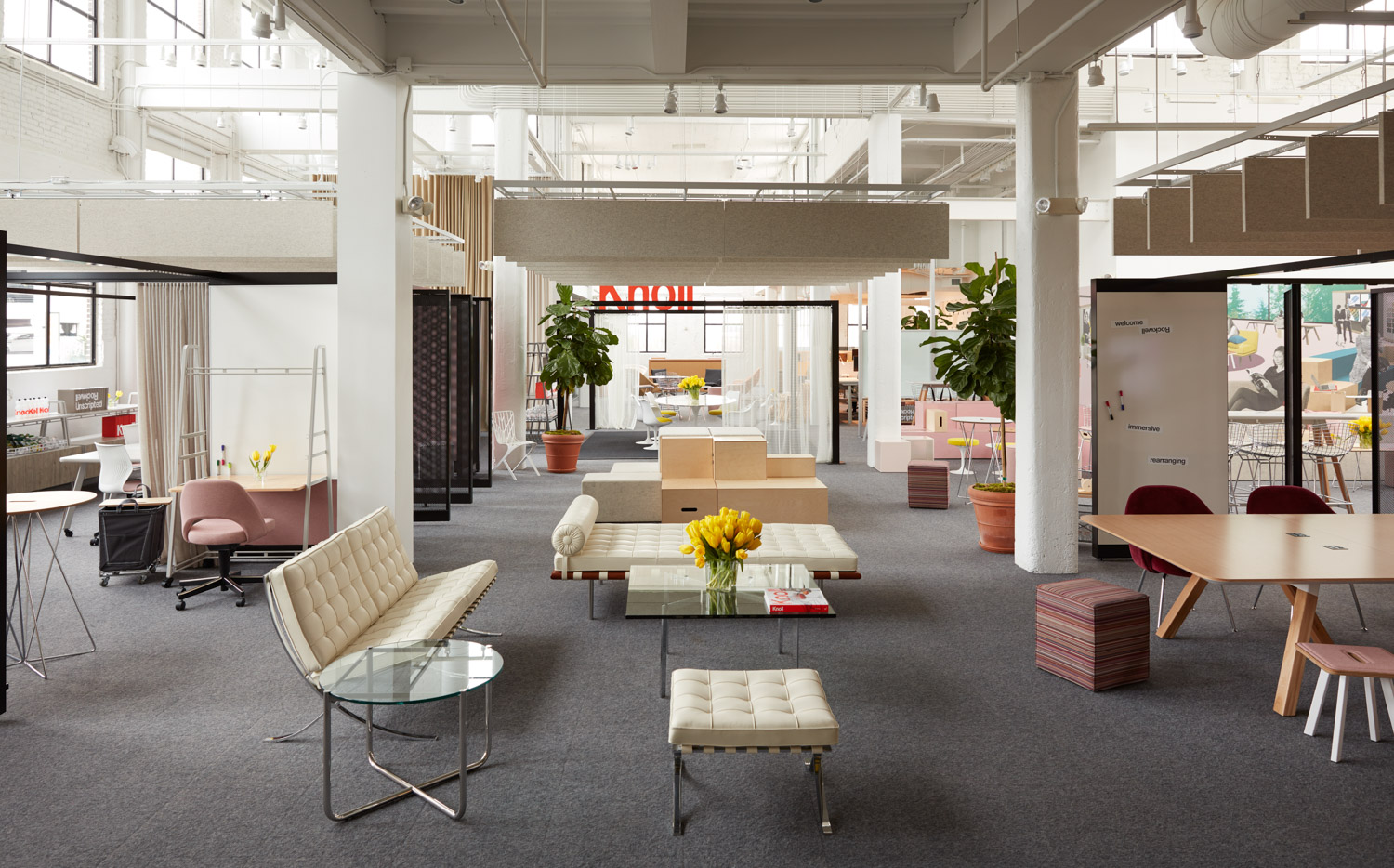 Rockwell Unscripted David Rockwell creative wall big easy table steps storage architectural solution steps theater lounge tulip stool, wire base table, Barcelona chair couch Mies van der Rohe Saarinen executive arm chair