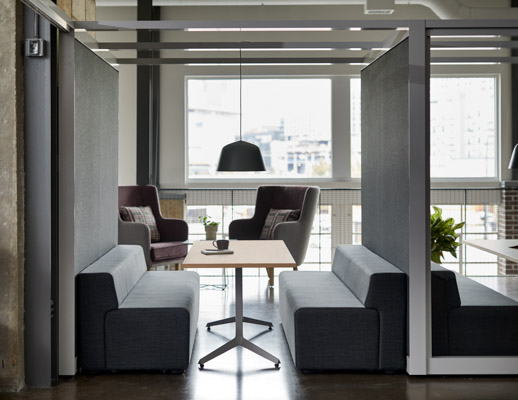 rockwell unscripted creative wall shared walls k. lounge bench with back dividends y base table highback chair lounge muuto ambit pendant lamp lighting booths banquettes